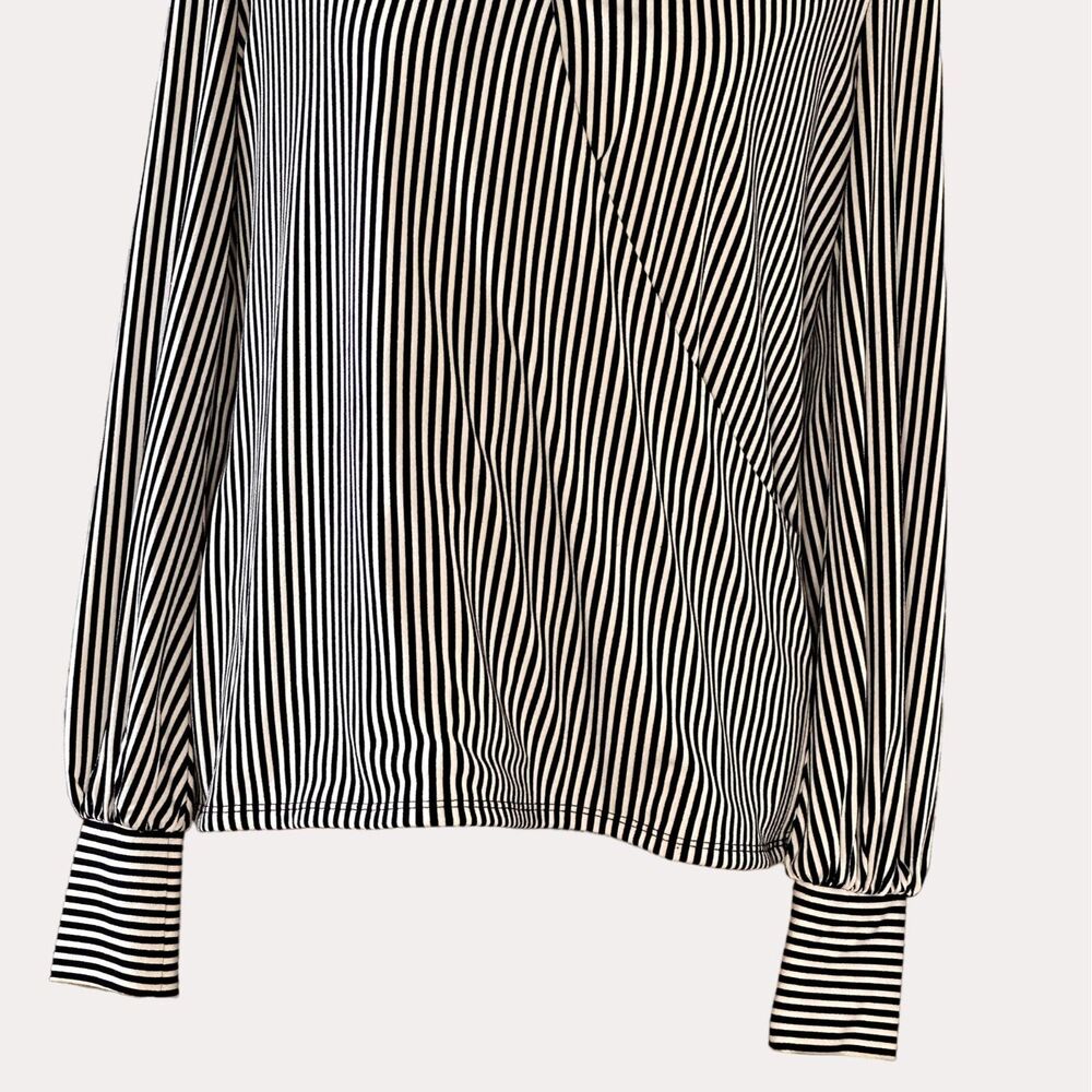 Adrianna Papell Faux Wrap Slinky Knit Blouse Stripe V-Neck Black White S - Picture 3 of 6